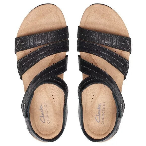 Clarks Calenne Clara Strappy Wedge Sandals Leather 7 Black MSRP $95 - Picture 2 of 5